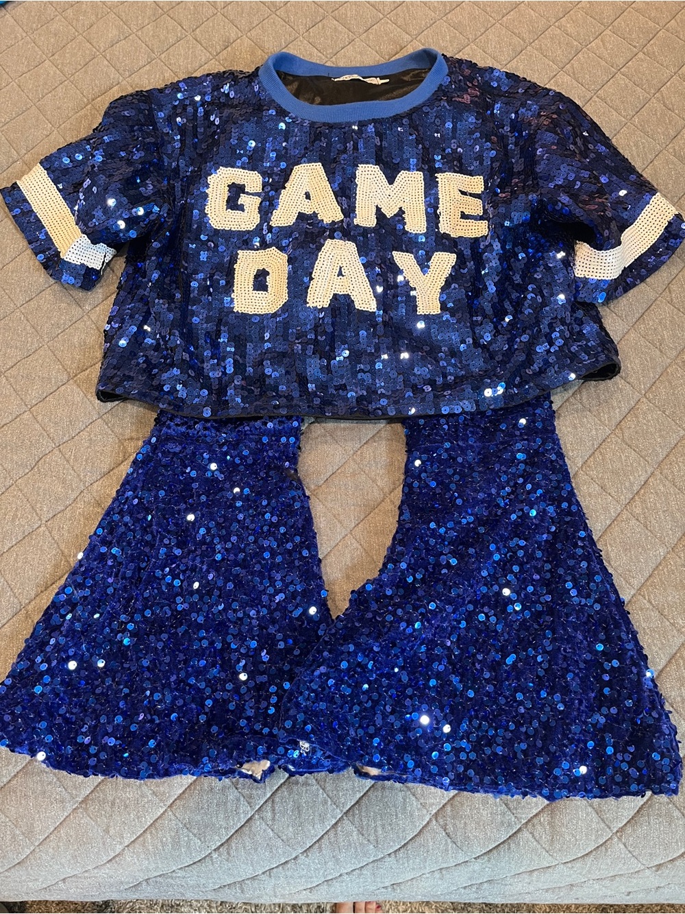 Blue Sequin 'GAME DAY' Top & Flared Pant Set